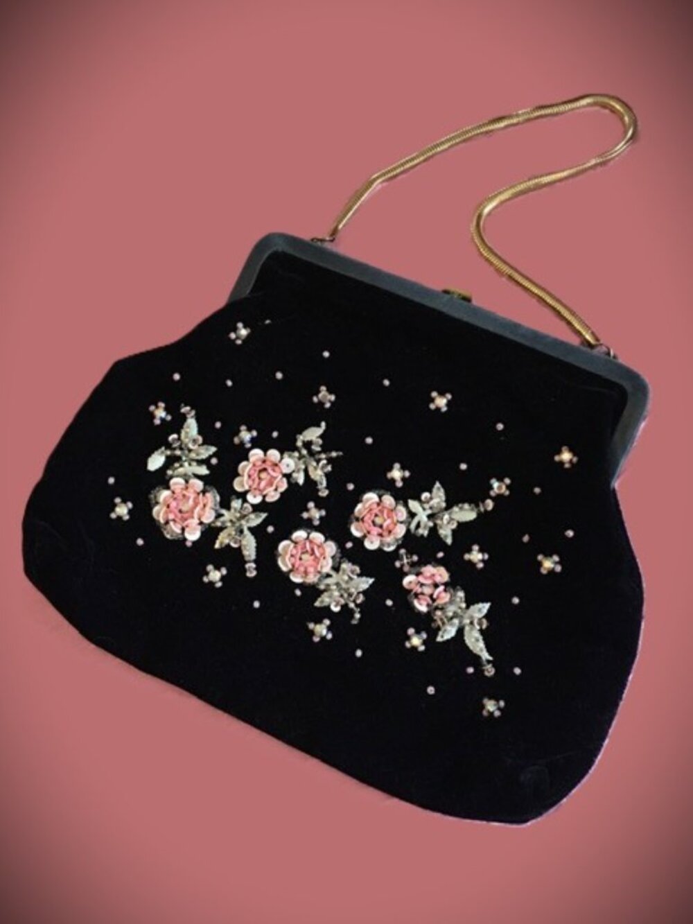 1950s Elegant Black Velvet Evening Bag Adorned with 3-D Handmade Floral Motif